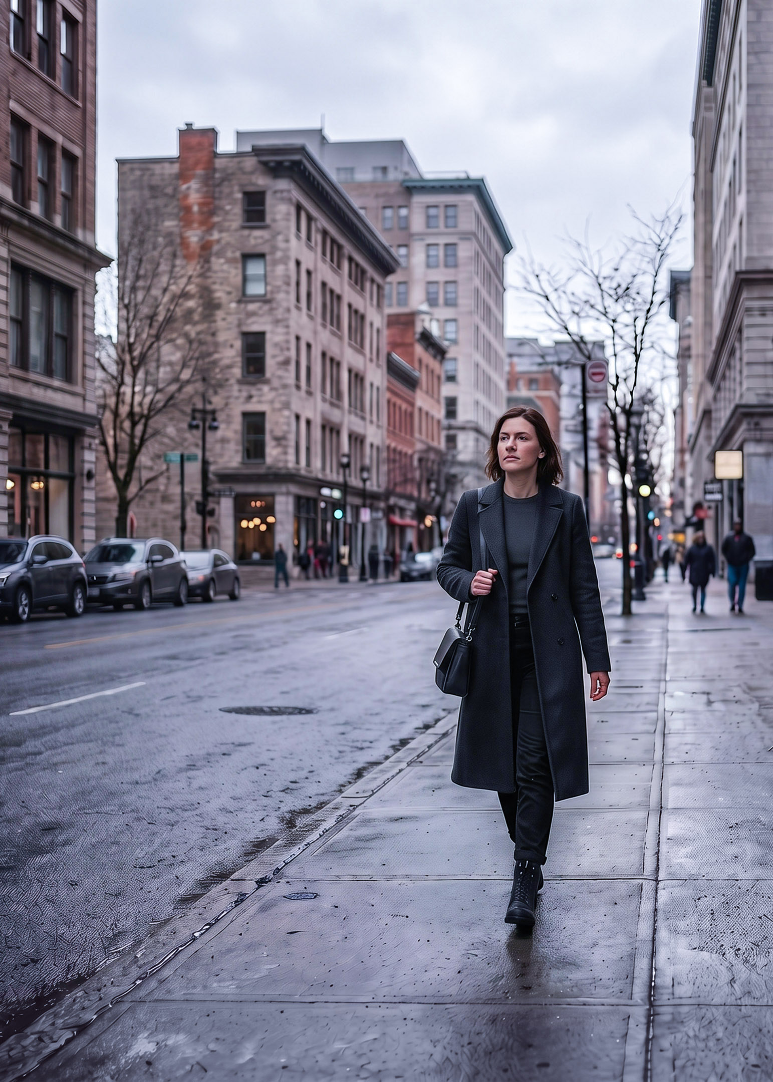Scène générée A, avec une lumière diffuse et des vêtements gris : une femme marche sur un trottoir en ville sous un ciel couvert.