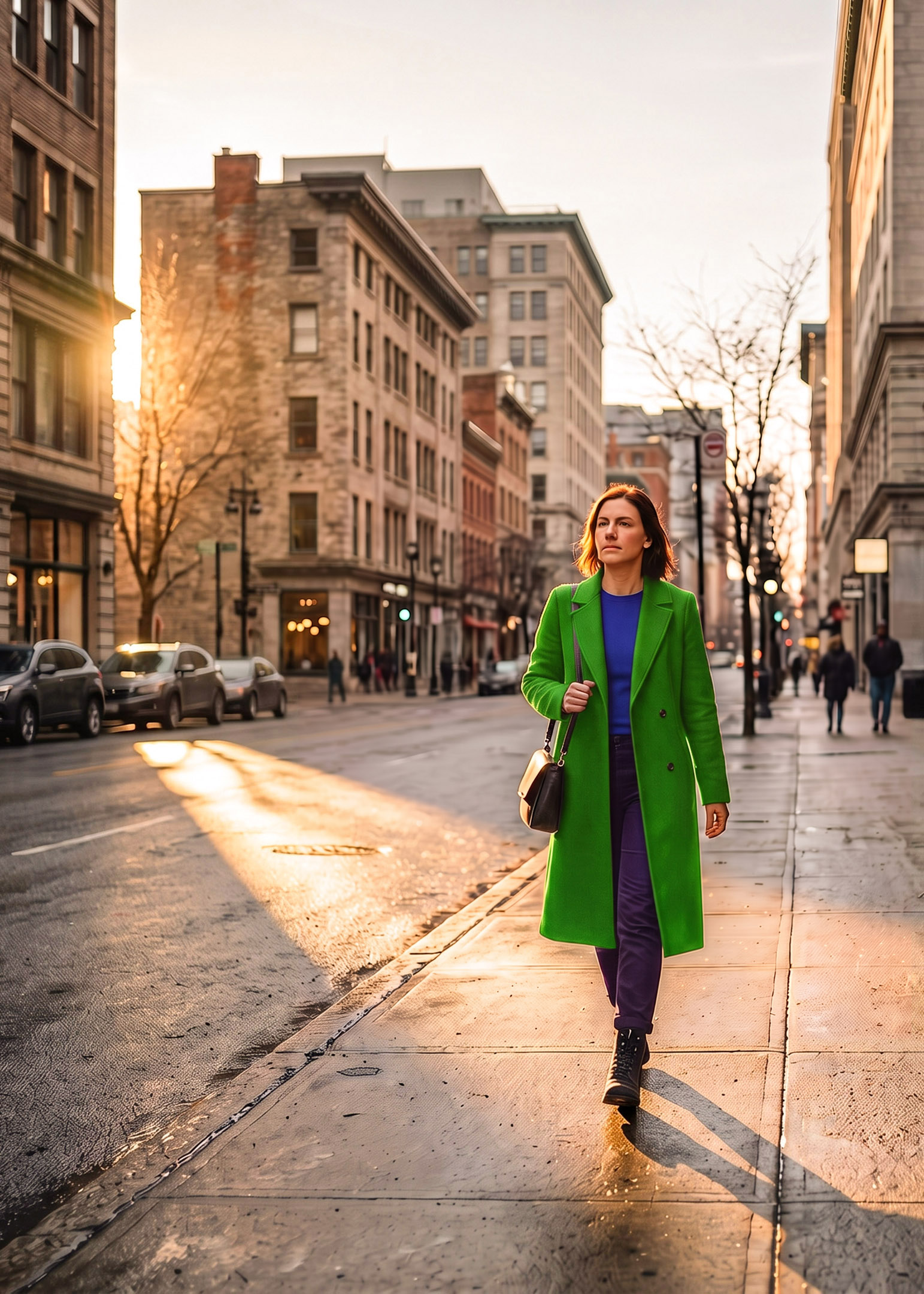 Scène générée A, avec une bande de lumière et des vêtements colorés : la même rue au lever du soleil, une bande de lumière sur la femme.