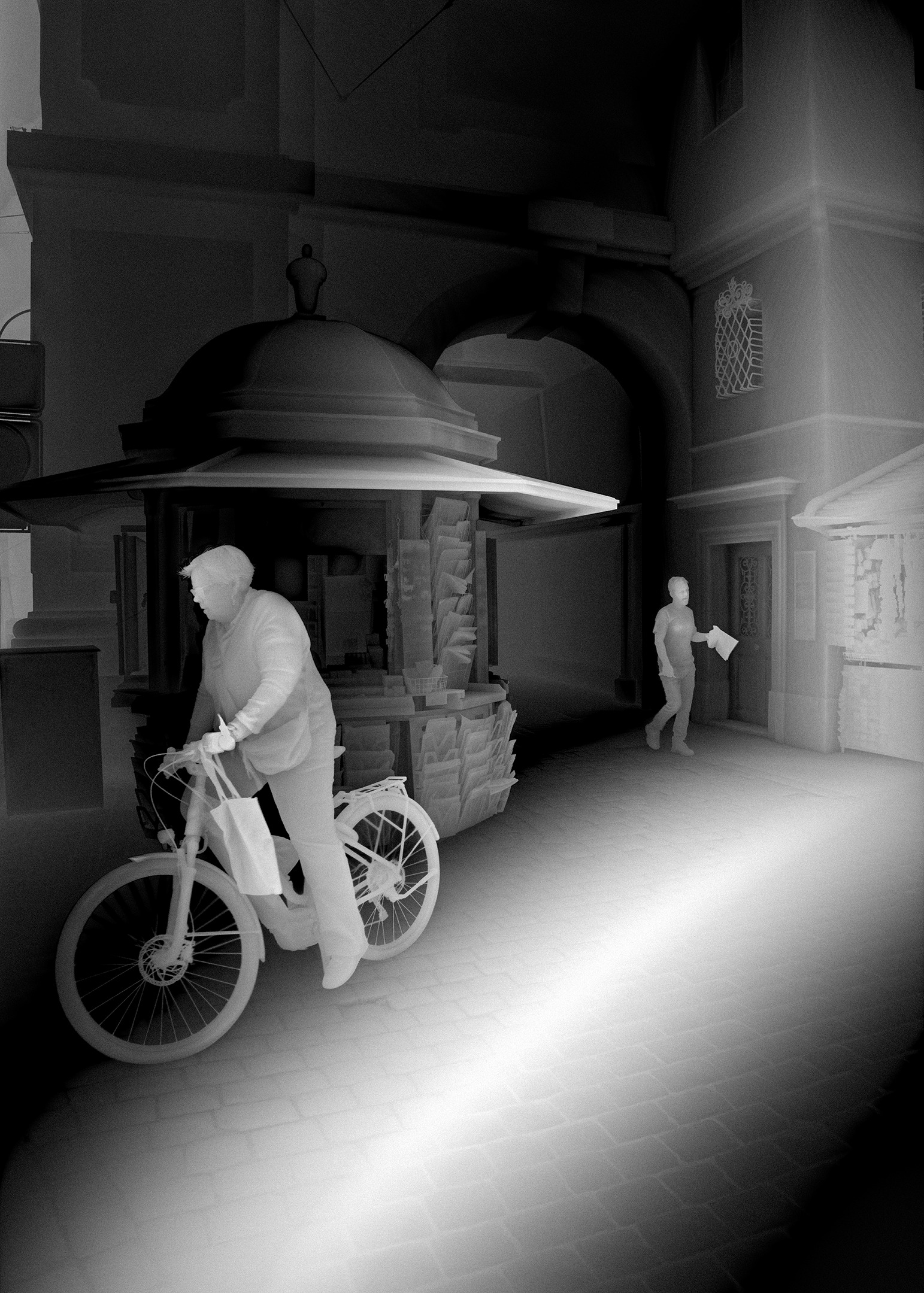 Une vathographie&nbsp;: un cycliste passant devant un kiosque sous une arche de pierre, mis en évidence en blanc.